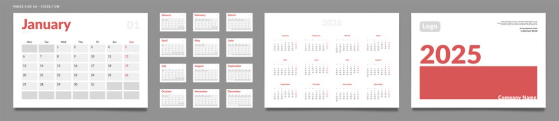 Set of 2025 Pages Monthly Calendar Planner Templates, Cover with Place for Photo, Company Logo, Annual. Design of Vector layout Calendar Pages size A4-21x29.7 cm in for print. Week start on Monday