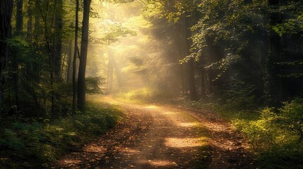Obraz premium A peaceful forest path with sunlight filtering through the leaves, leading to an unknown destination.