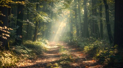 Obraz premium A peaceful forest path with sunlight filtering through the leaves, leading to an unknown destination.