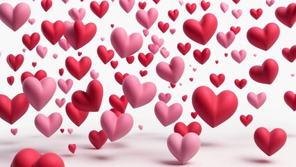 3D hearts of various sizes and shades of red and pink floating at different heights and angles, isolated on white background