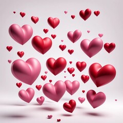 3D hearts of various sizes and shades of red and pink floating at different heights and angles, isolated on white background