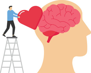 Mental health concept vector illustration. Brain and heart. World mental health day. Woman put red heart on human brain in flat design on pink background.

