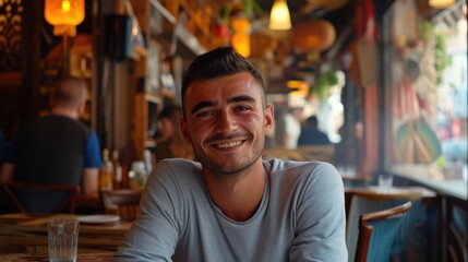 Obraz premium Charming Man Sitting in Oriental Cafe, Side View