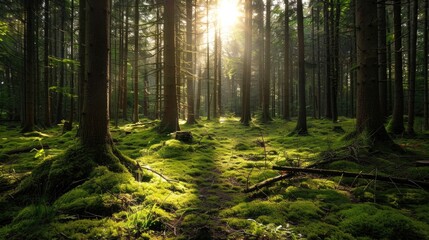 Obraz premium A tranquil forest with sunlight filtering through the trees, highlighting the textures of moss and twigs.