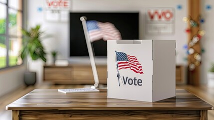 A white ballot box with an American flag design sits on a wooden table in a room with an out-of-focus American flag in the background