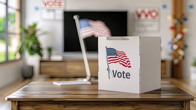 A white ballot box with an American flag design sits on a wooden table in a room with an out-of-focus American flag in the background