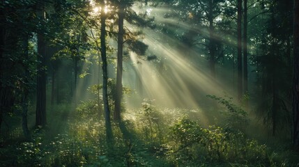 Obraz premium Sunbeams breaking through the trees, creating a mystical atmosphere in the forest.