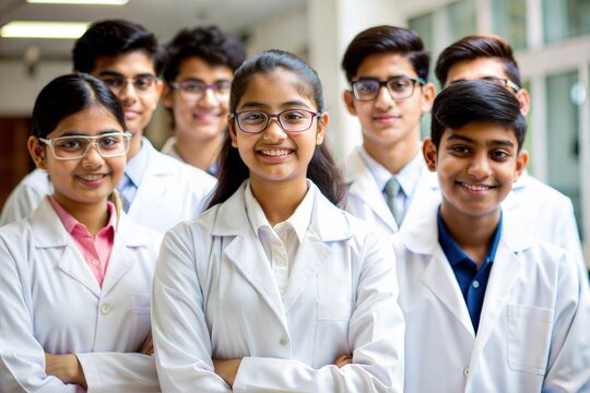 Indian high school students in lab coats
