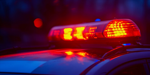 Detailed view of a police car's red flashing lights at night, emphasizing law enforcement's presence and emergency response.
