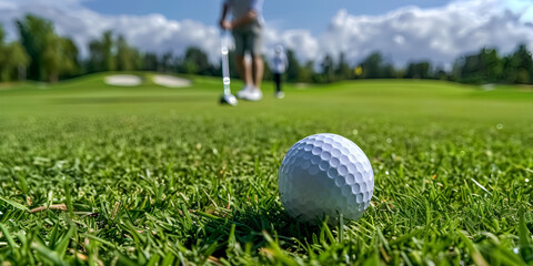Close-Up of Golf Ball on Green with Golfer in Background, Golf Ball on Putting Green Ready for Shot