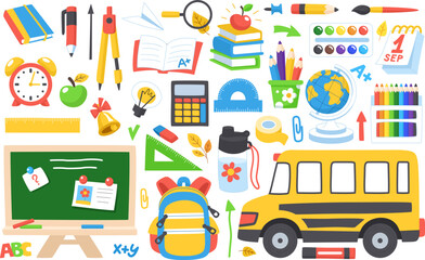 School elements collection. Childrens school elements vector flat collection. Backpack, stationery, textbooks and notebooks.
