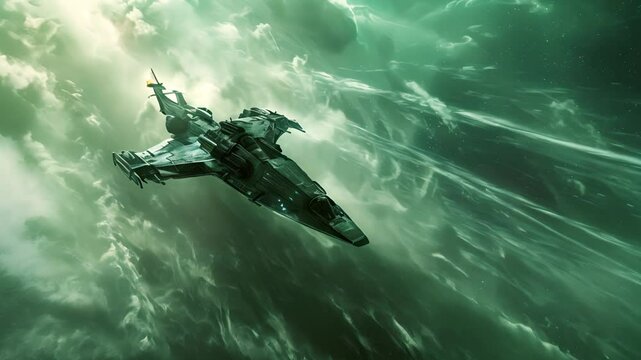 Spaceship flying through nebula