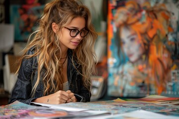 Fototapeta premium Woman With Long Blonde Hair Wearing Glasses Looking at Papers in Studio