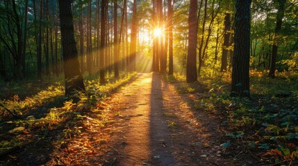 Obraz premium Sunlight filtering through tall trees, casting long shadows on a forest path.