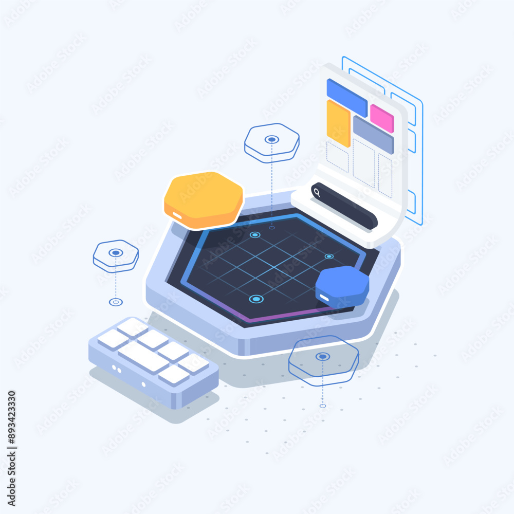 Poster web page template software development. vector illustration with laptop and program code on screen. 