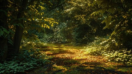 Obraz premium Sunlight filtering through the dense foliage, casting intricate patterns on the forest ground.