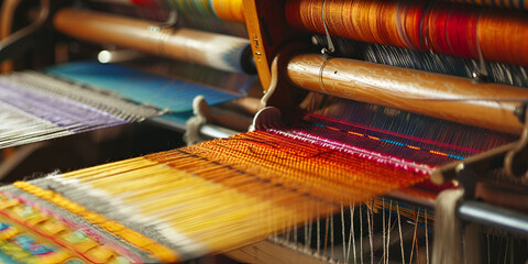  Brightly Colored Threads on Industrial Weaving Loom, Textile Manufacturing with Multiple Yarn Colors