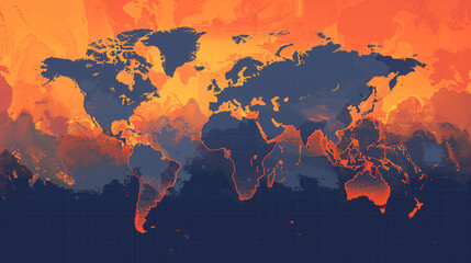 A map of the world showing various continents in shades of orange and blue indicating temperature variations or climatic data. Europe heat wave hot summer crisis illustration.