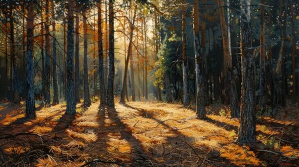 Obraz premium Sunlight filtering through the trees, casting a warm glow on a bed of pine needles.