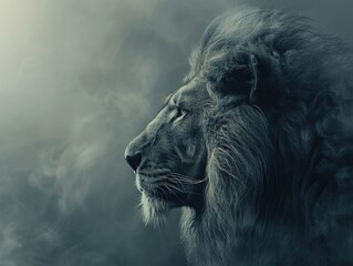 A majestic lion's face captured in monochrome, with piercing eyes and regal expression