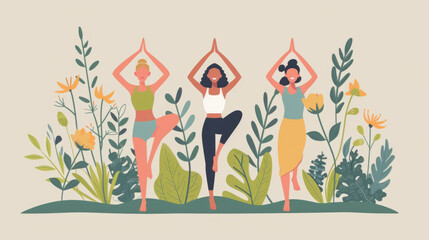 Three women practicing yoga outdoors among plants and flowers, promoting wellness, fitness, and a healthy lifestyle.