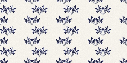 Indigo denim blue leaf motif seamless border. Japanese dye batik fabric style effect print edging swatch. 