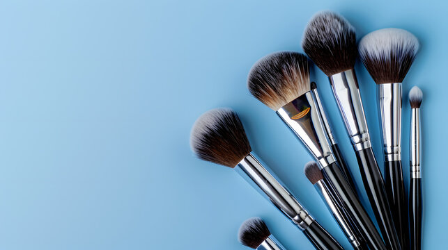 Soft natural brushes for makeup application on blue background with copy space