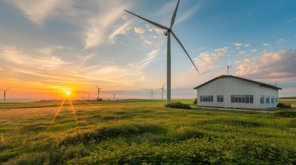 corporate wind farm at sunset, with turbines spinning and a control shed using renewable energy technology