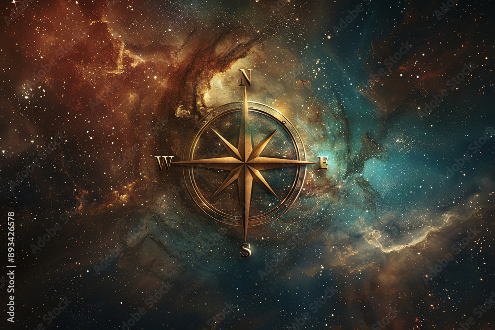 Wall mural a golden compass set against a cosmic background with stars and nebulae, creating a mystical atmosph