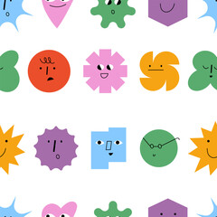 Geometric abstract comic faces with different emotions. Funny faces for business team avatar. Seamless patterns
