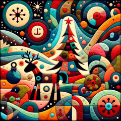 Obraz premium Felt art patchwork, christmas concept, needlepoint, abstract silhouette, expressionist style, colorful holiday
