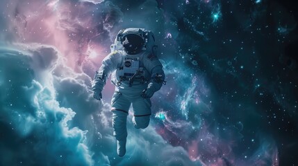 Fototapeta premium Space scene with an astronaut floating, surrounded by cosmic clouds and stardust, capturing the essence of exploration