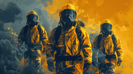 Fototapeta premium A team of hazmat personnel in protective suits and masks operating in a hazardous environment, emphasizing safety and contamination control.