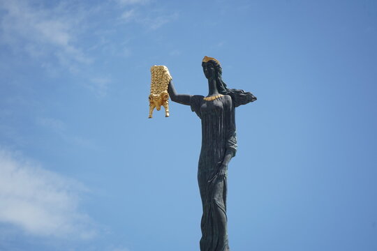 Batumi, Georgia - 07.02.2024 : The statue of Medea with the golden Fleece. Europe Square.