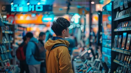 Fototapeta premium A man in a yellow jacket browses a shelf full of cell phones in a brightly lit store
