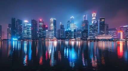 Obraz premium A city skyline with illuminated skyscrapers reflecting in a calm river at night.