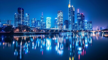 Fototapeta premium A city skyline with illuminated skyscrapers reflecting in a calm river at night.