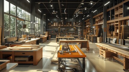 corporate woodworking workshop with state-of-the-art carpentry tools, dust extraction systems, and a showroom for handcrafted furniture