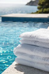 white folded towels on the background of the pool and the beach. selective focus