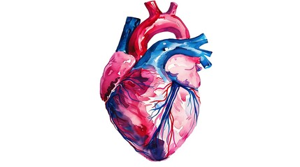 Full-length portrait photo of a human heart shown in shades of red with blue and pink major arteries, in a stylized and simplified illustrative style, against a white background