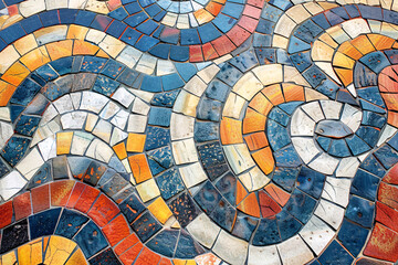 Fototapeta premium Vibrant mosaic tiles arranged in flowing, wavy patterns of blue, orange, and white, creating a dynamic visual effect