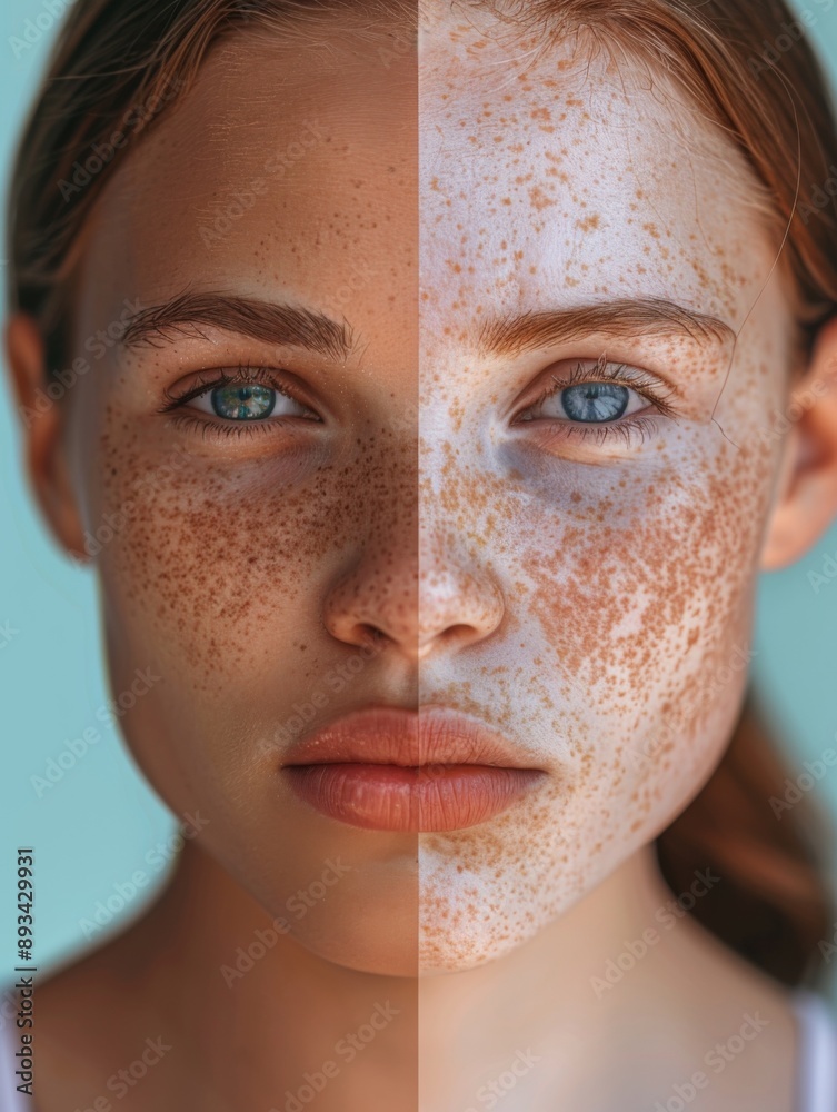 Wall mural  face divided into two halves, half of a young woman dry skin with pigmentation and half of an young woman with healthy skin 