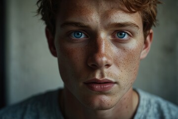 Fototapeta premium A young man with freckles and blue eyes looking into the camera