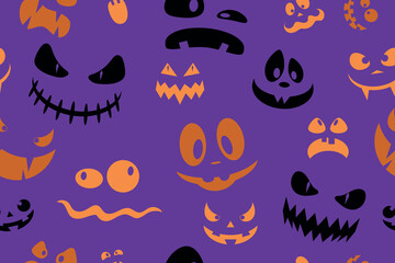 Seamless pattern of pumpkin emotions on violet background. Spooky pumpkins faces. Holiday design for party decorations. Vector illustration