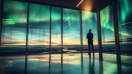 Fototapeta premium Businessman admiring Northern Lights from modern office building at sunset 