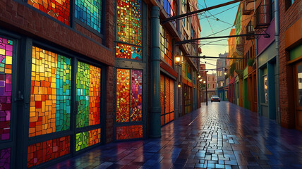 Dynamic Urban Scene with Colorful Mosaic and Industrial Charm