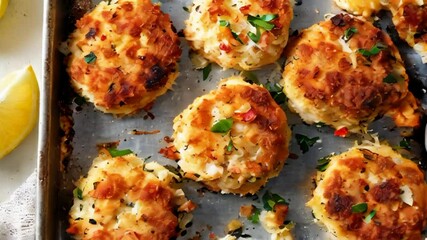 Video of freshly baked delicious crab cakes on a baking sheet sprinkled with herbs. Traditional food of American cuisine