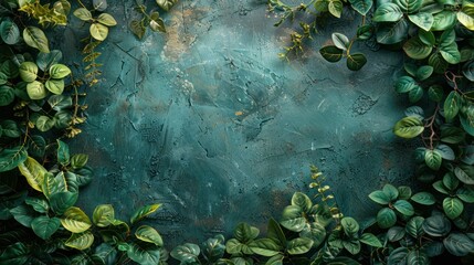 Green Leaves Frame on Teal Background