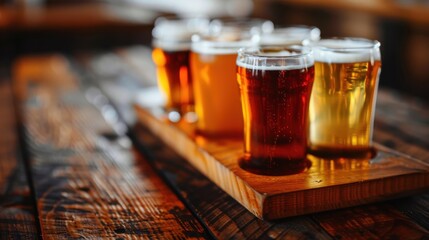 A variety of beers served in glasses on a wooden flight board, showcasing different types of beer in a rustic, cozy setting with wooden textures and rich colors.