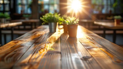 A sunlit wooden table in a cozy brewery, adorned with small potted plants, creating a warm, inviting atmosphere ideal for enjoying freshly brewed beer with friends.